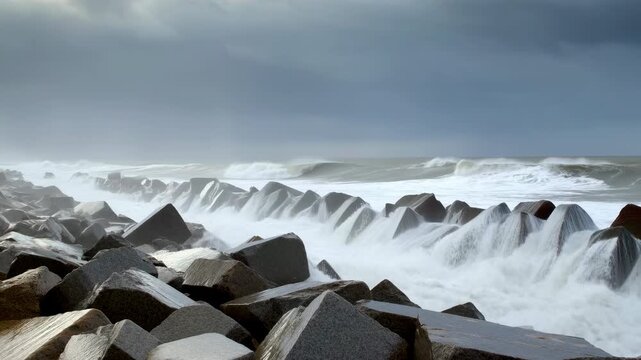 Powerful ocean waves crash over angular concrete breakwater blocks, throwing dense white spray and foam across dark stormy seascape beneath heavy gray clouds along the horizon