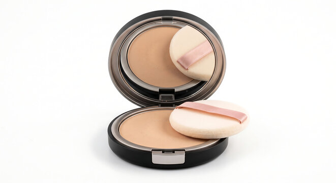 Compact Face Powder: A close-up shot showcases an open compact case revealing pressed face powder and two fluffy applicators, perfect for touch-ups and enhancing makeup looks.
