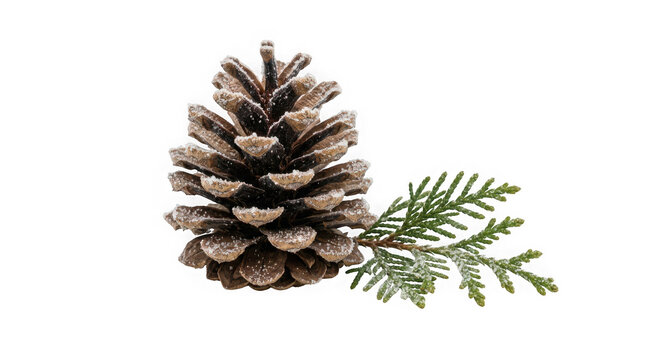 Snowdusted pine cone with a small evergreen branch isolated on transparent background