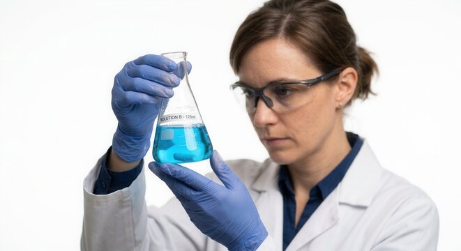 Scientist Carefully Examines Vibrant Blue Liquid In Erlenmeyer Flask In Laboratory