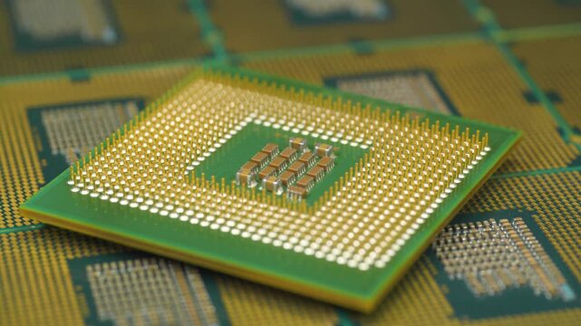 Close-up of a PC CPU showing its intricate golden micro pin arrangement, symbolizing advanced technology and high-speed computing