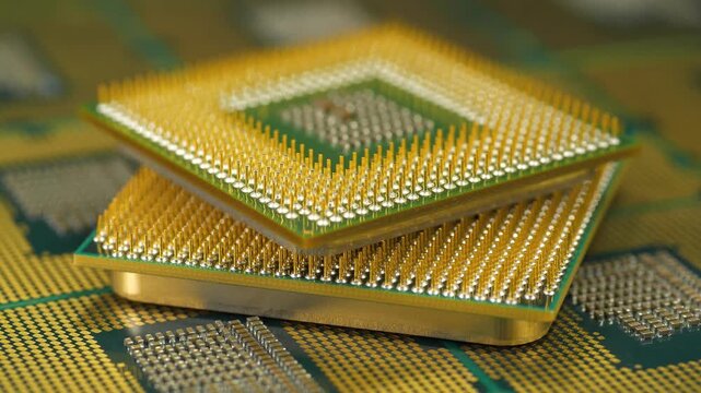 Central processing units with golden pins and contacts designed for personal computers, highlighting modern hardware and advanced computing technology