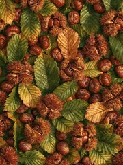 Obraz premium Close-up of a group of chestnuts and leaves. the chestnuts are brown in color and appear to be ripe and ready to eat. the leaves are green and have a rough texture.