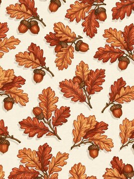 Seamless pattern of orange oak leaves and acorns on a white background. the leaves are arranged in a repeating pattern, with each leaf having a unique shape and size.