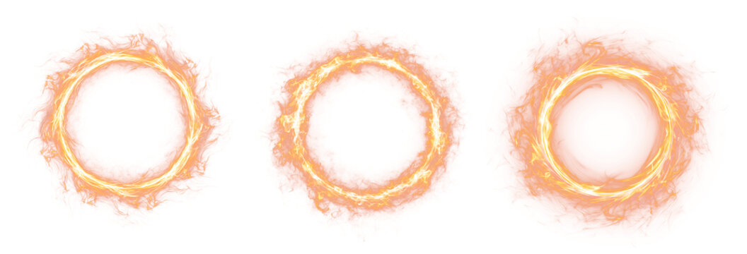 Illustration depicting a collection of glowing fire-shaped rings. The circles of burning flames feature intense heat, vibrant sparks, and a powerful abstract combustion effect.