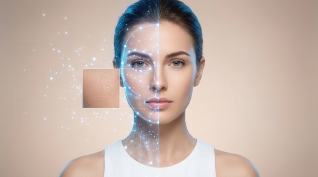 Facial mapping tech for beauty and medical purposes showing skin analysis on woman face with glowing blue digital dots and lines for wellness research.