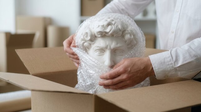 Bubble wrap used to cover a delicate plaster bust in a cardboard box for safe transit and shipping.