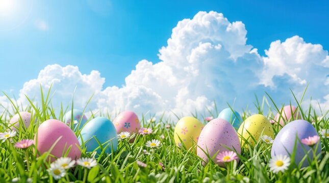 A spring celebration scene with colorful Easter eggs hidden in green grass under a bright blue sky and fluffy clouds.