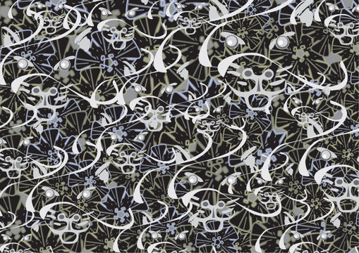 Textural backdrop with floral elements and cat heads for prints or covers. Dark chaotic background for fabrics, business concepts, batiks, scrapbooking, interior solutions, tiles, wallpaper, posters
