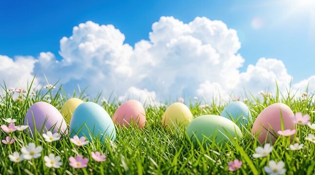 A spring celebration scene with colorful Easter eggs hidden in green grass under a bright blue sky and fluffy clouds.