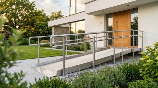 Smooth slope metal wheelchair ramp with handrails installed for accessible entry at a modern house exterior.