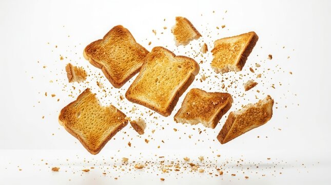 Morning breakfast food consisting of slices of toasted bread flying in air with scattered golden brown toast crumbs.