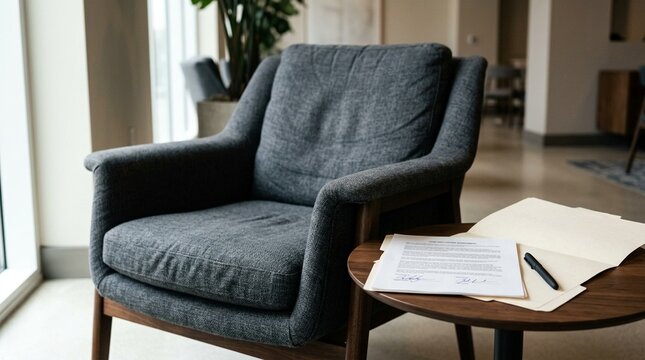 Non-disclosure agreement lounge armchair positioned beside a small side table with a signed contract, confidentiality and nda business concept