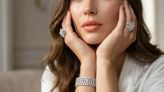 Sophisticated beauty portrait of an elegant model showcasing luxury accessories and sparkling jewelry.