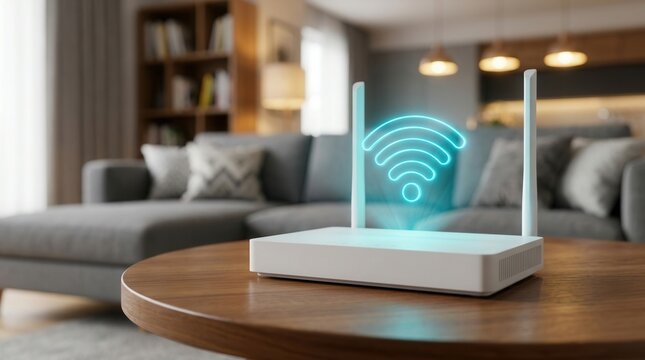 A modern wireless wifi router providing home internet connection with a glowing blue signal on a wooden table
