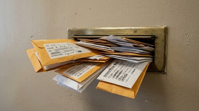 Non-disclosure agreement front desk mail slot stuffed with labeled interoffice envelopes, confidentiality and nda business concept
