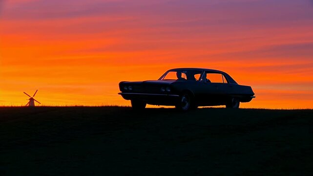 Vintage dark sedan drives from right to left along a low ridge at sunset, silhouetted against vivid orange and pink sky with small windmill visible in distant background