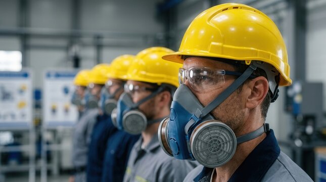 Focus on safety during a training session on respiratory protection for workers wearing respirators and safety gear.