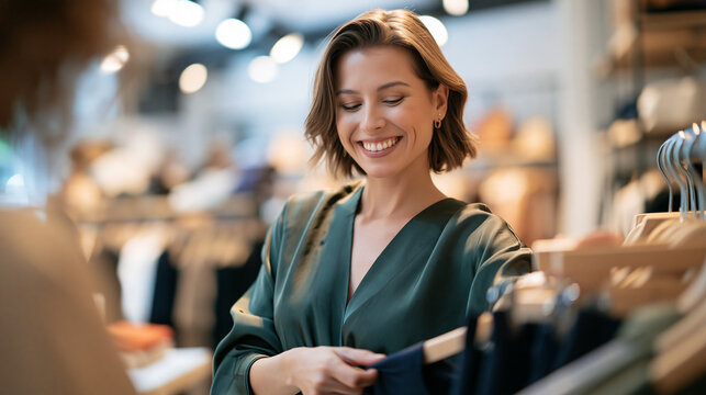 Over the shoulder view of confident female shop assistant helping a customer select clothing in the store, bright modern boutique background with organized racks, retail service,