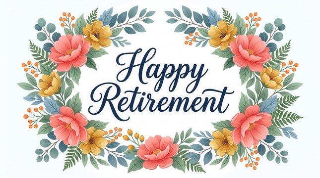 Rich colorful blossoms and green leaves frame elegant typography for a happy retirement invitation.