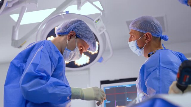 Medical team of male doctors works in the modern white sterile operation room. One of the doctors gets the drill-like instrument to be used at the operation.