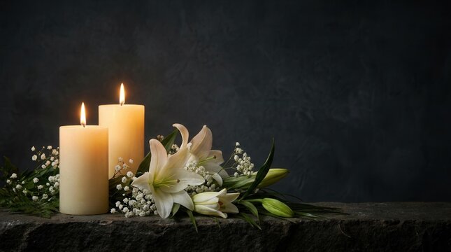 Solemn memorial arrangement with white flowers and lit candles on a dark textured background for a peaceful scene.