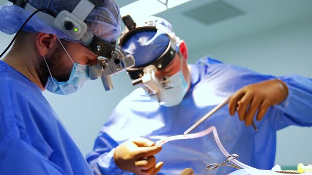 Two Caucasian neurosurgeons cooperate at surgery. Doctors wearing surgical loupes use metal surgical tools at operation.