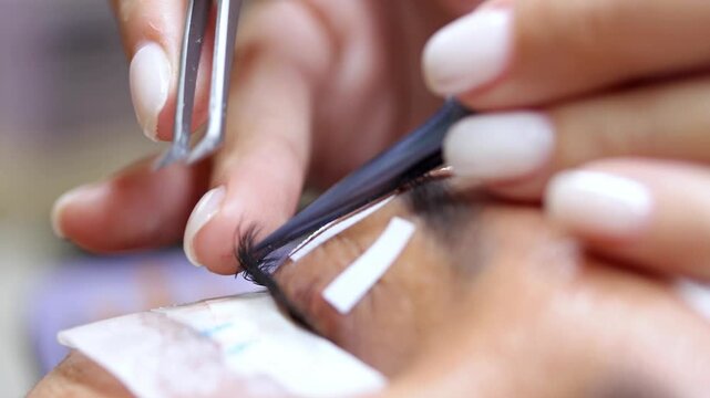 Eyelash extension process in a professional beauty salon, close-up view