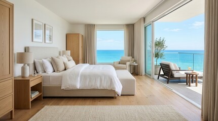 Obraz premium King size bed in a spacious luxury resort hotel suite bedroom with an ocean view balcony.