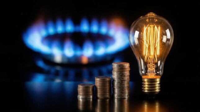 Rising gas costs and energy bills illustrated by a glowing light bulb and lit gas cooker with stacked coins.