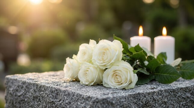 A sign of mourning and tribute featuring white roses and candles for a memorial remembrance.