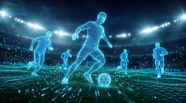 Digital performance data analysis of soccer players depicted as glowing blue wireframes on a stadium field at night.