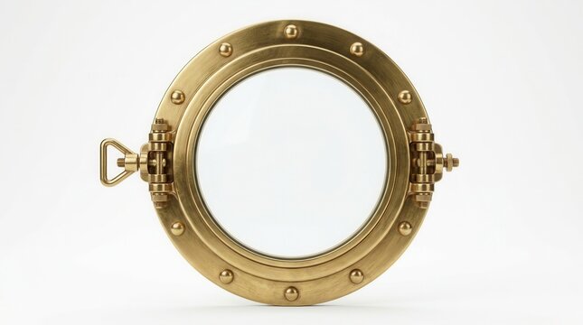 Maritime design element featuring a round brass porthole frame with rivets.