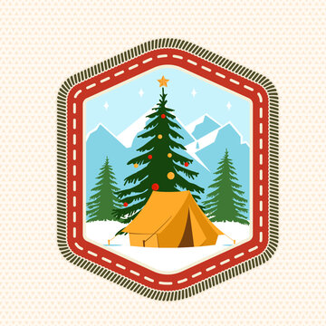 Christmas Camping Scout Badge with Tent, Christmas Tree and Snowy Mountains, Vintage Embroidered Outdoor Achievement Patch. Vector patch.