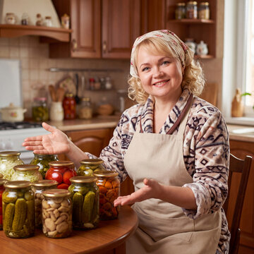 A happy housewife shows off her preparations for the winter