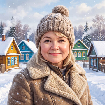 Young village woman in a jacket and a knitted hat,