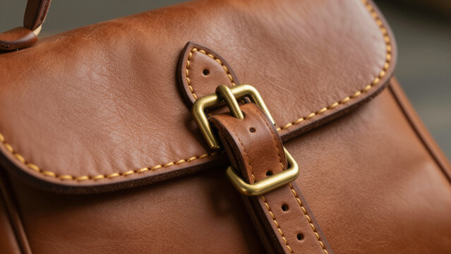 An extreme close-up of hand-stitched saddle leather and a solid antiqued brass buckle on a heritage messenger bag.