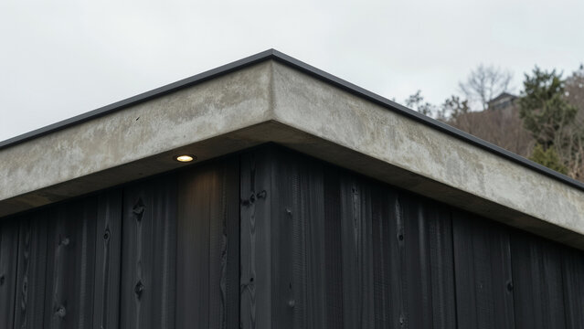 An extreme close-up of charred yakisugi cedar siding meeting board-formed concrete on a deep roof overhang.