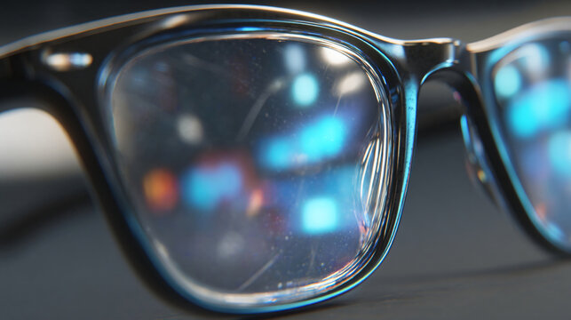 Retro Eyeglasses Reflected City Lights: A close-up of vintage-style eyeglasses, their lenses reflecting a blurred, vibrant cityscape at night, creating a dynamic and intriguing visual narrative.