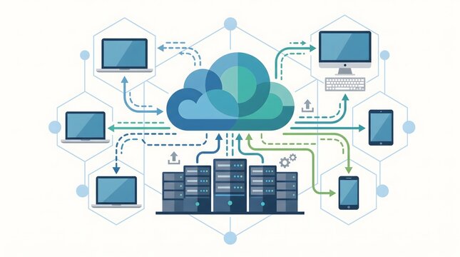 Cloud Computing Network Diagram Illustrating Data Flow Between Servers Laptops Tablets and Smartphones