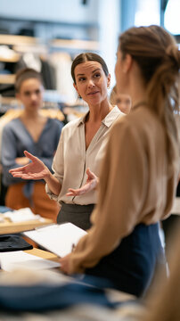 Rear view of confident retail manager leading a team meeting with store employees gathered around racks of apparel, bright modern clothing shop background with neatly organized