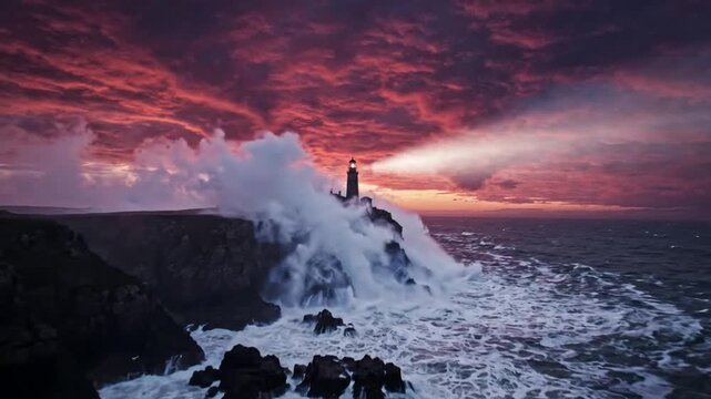 Dramatic lighthouse beacon at sunset with crashing ocean waves on rugged cliffs, cinematic coastal storm landscape