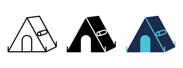 Camping tent outdoor shelter vector icon set featuring outline, solid black, and blue colored symbols for adventure and travel © Reazul