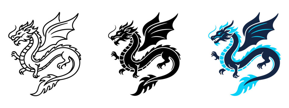 Mythical winged dragon vector icon set featuring outline, solid black, and blue colored fantasy creature symbols