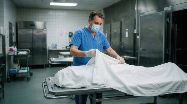 Mortuary Technician Prepares Body With Care In A Clinical Setting