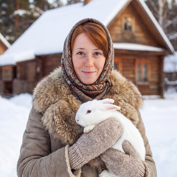 A young village woman is holding a pet rabbit in her arms.