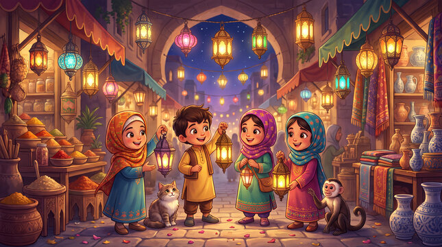 A vibrant illustration of happy children holding lanterns in a bustling market, surrounded by colorful hanging lights, creating a magical and joyful atmosphere.