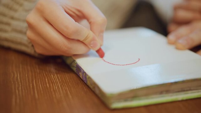 Close up of hand drawing with red crayon on white paper steady motion visible. person wears light colored knitwear and holds book open as they create curved lines. Soft indoor lighting