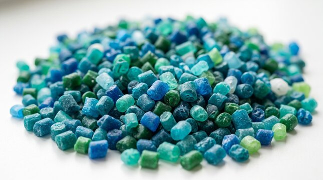 A pile of small blue and green plastic resin pellets or polymer granules used in manufacturing processes, isolated on white background