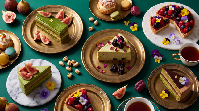This enticing image showcases an array of beautifully plated desserts, including elegant cakes and macarons, creating a feast for the eyes and tantalizing the taste buds.